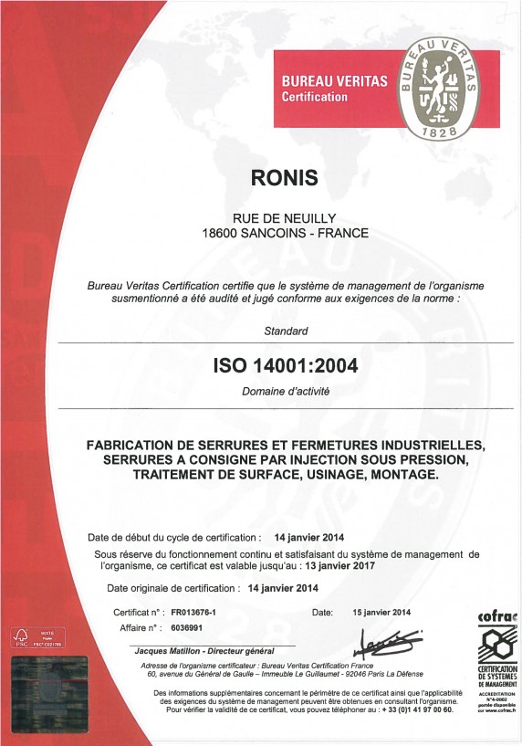 Certificat ISO 14001 RONIS