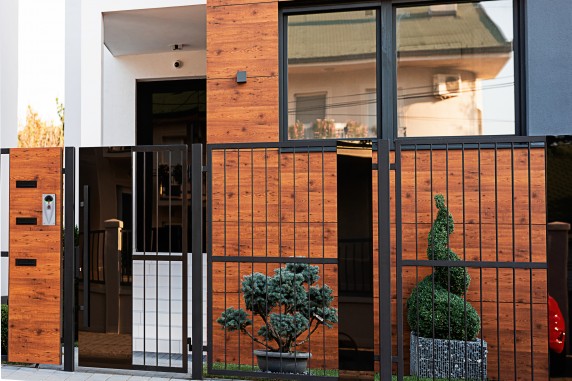 Safety gate and exterior on a modern house.