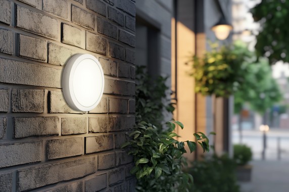 Mockup of a modern round wall light mounted on a brick wall with